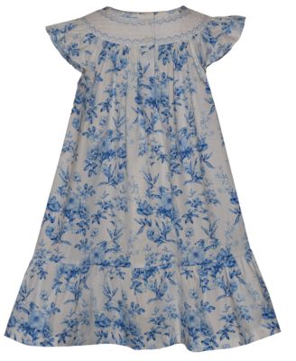 Girls' 2T-6X Flutter-Sleeve Toile Print Round Neck Smocked Dress