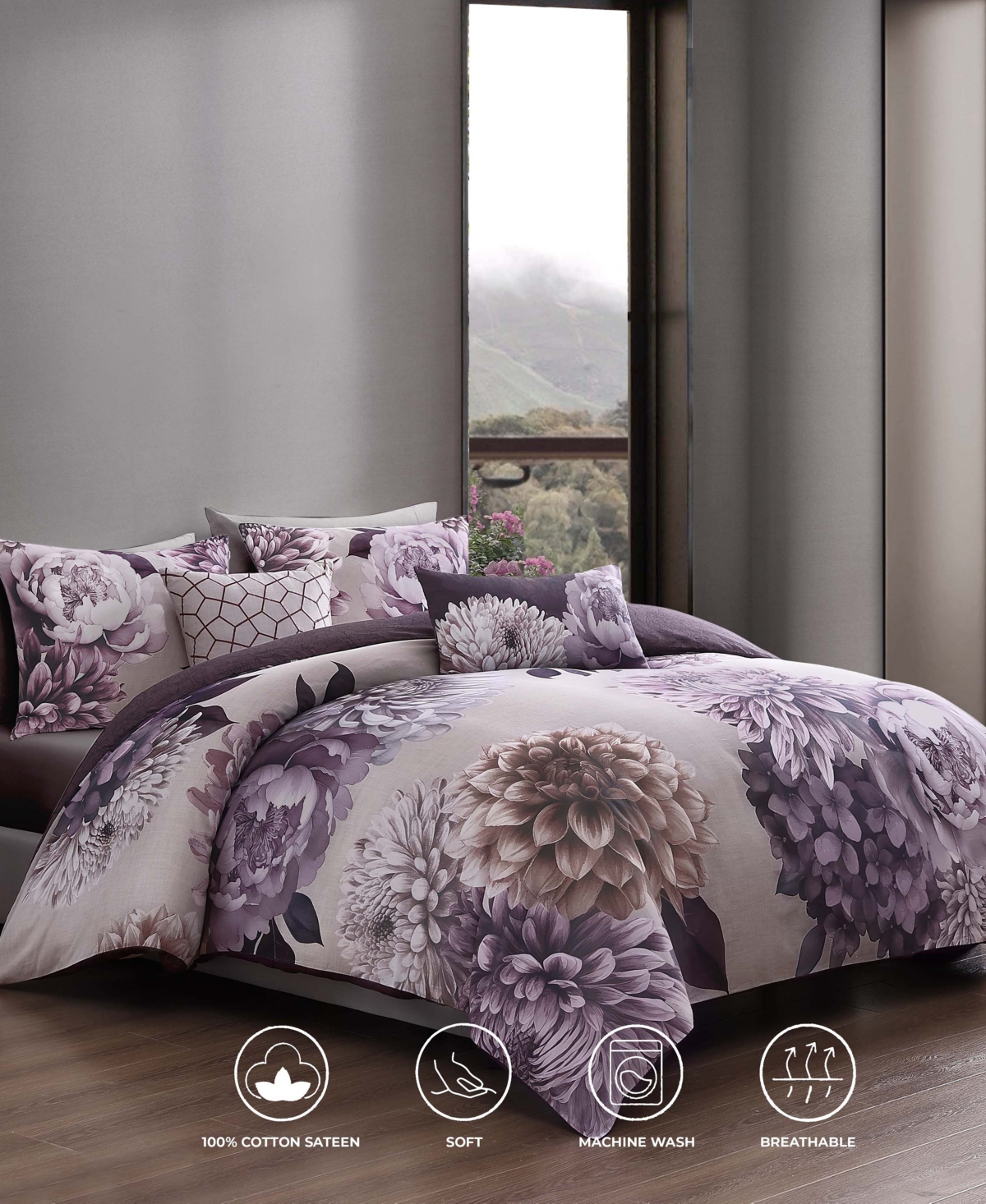 Bebejan Dahlia Bedding 100% Cotton Sateen 5 Piece King Size Reversible Comforter Set