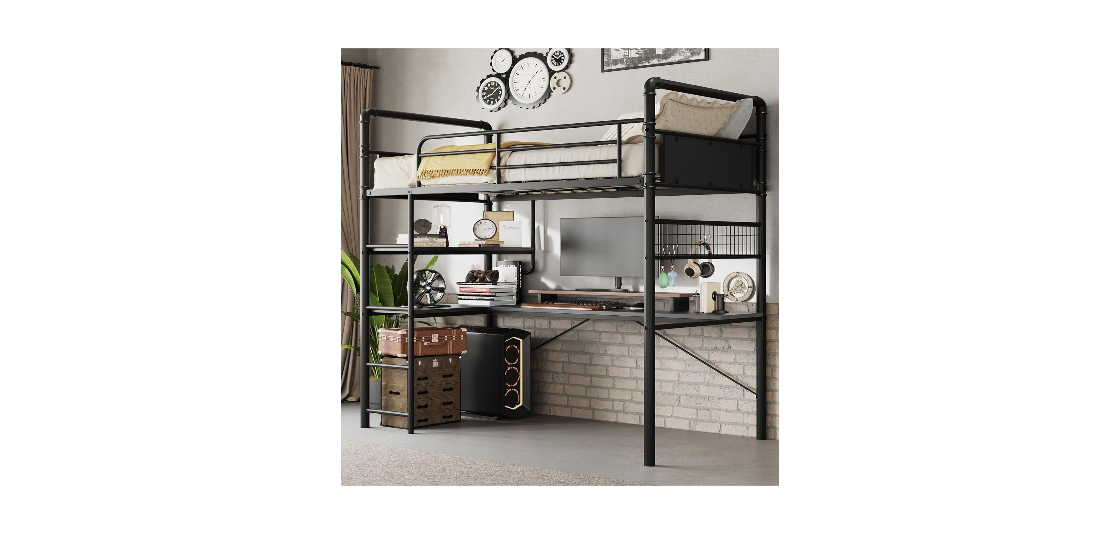gaomon Loft Bunk Bed with L-Shaped Desk, Twin Under-Desk Workspace, Metal Ladder & High Guardrail for Kids, Teens, Adults