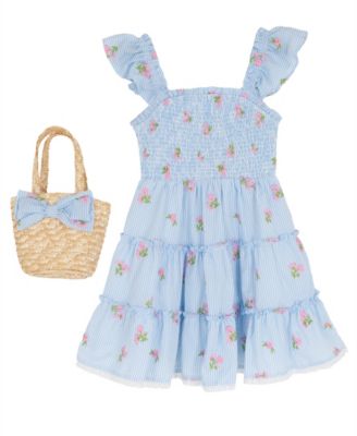 Girls' 7-16 Smocked Bodice Square Neck Dress and Bag, 2-Piece Set