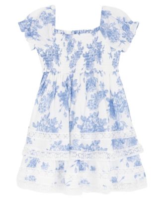 Girls' 2T-6X Toile Puff-Sleeve Smocked Dress