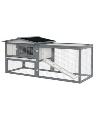 61"L Rabbit Hutch Outdoor w/ Run Feeding Trough Removable Tray