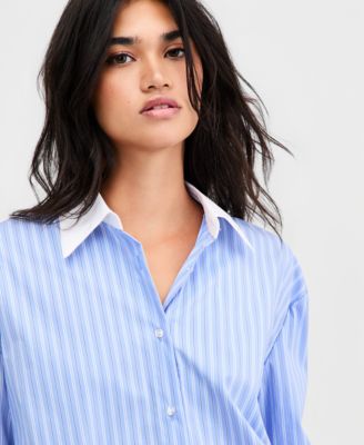 Women's Contrast-Collar Striped Shirt