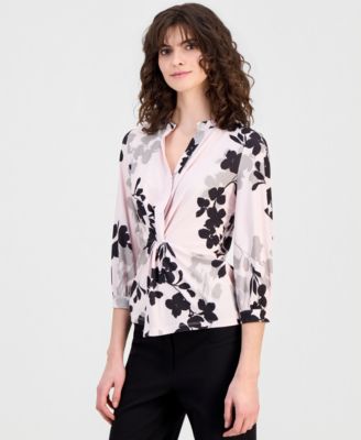 Women's 3/4 Sleeve Floral-Print Twisted-Front V-Neck Top