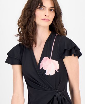 Women's Flutter-Sleeve Faux-Wrap Dress