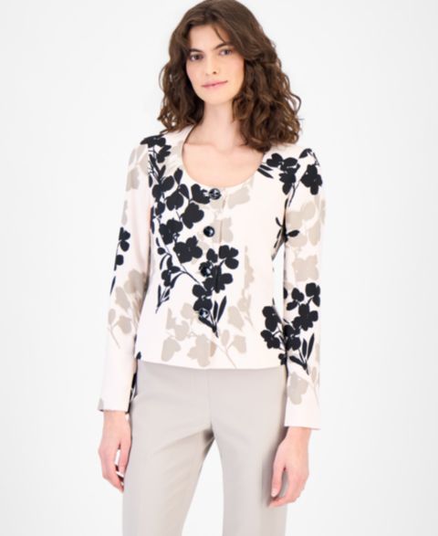 Женские куртки Anne Klein Collarless Printed Four-Button Twill Jacket