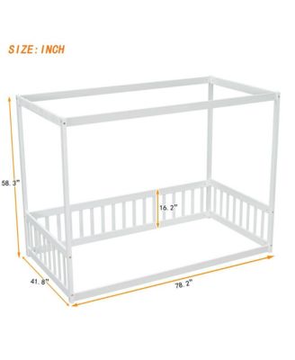 Twin Size Canopy Floor Bed with Safety Fence Wooden Play Bed with Guardrails for Kids Room