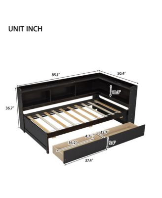 Twin L-Shaped Bookcase Bed 2 Storage Drawers, Space-Saving Study Bed