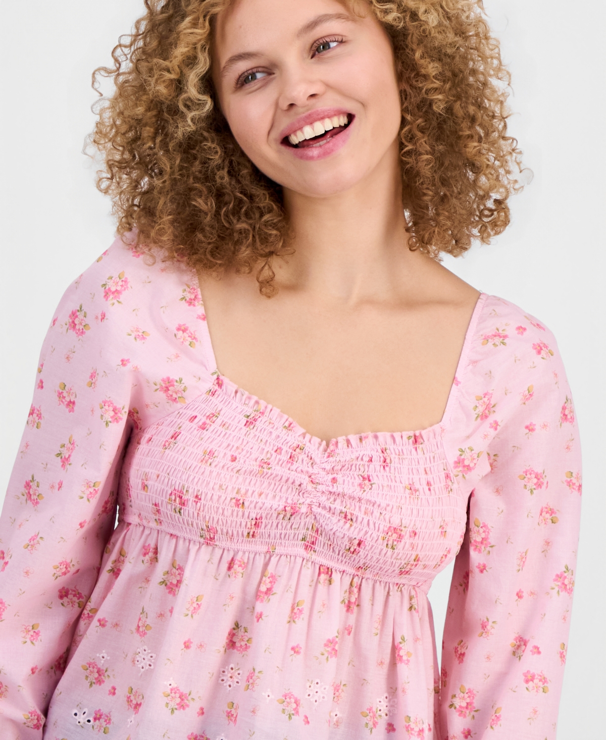 Madden Girl Juniors' Printed Long-Sleeve Babydoll Top