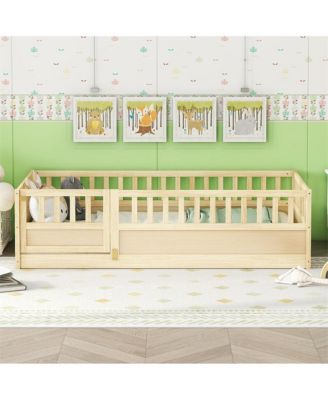 Twin Size Wooden Floor Bed Integral Construction with High Security Barrier Pine French Style for Kids