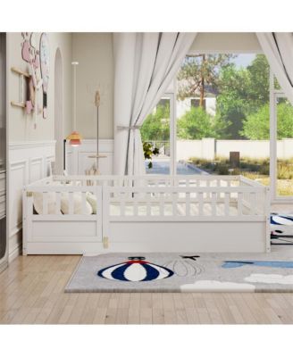 Full Size Wooden Floor Bed Integral Construction with High Security Barrier Door & Support Slats for Kids