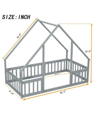 Twin Wood House-Shaped Floor Bed with Safety Fence & Roof Frame Kids Bed for Bedroom Playroom