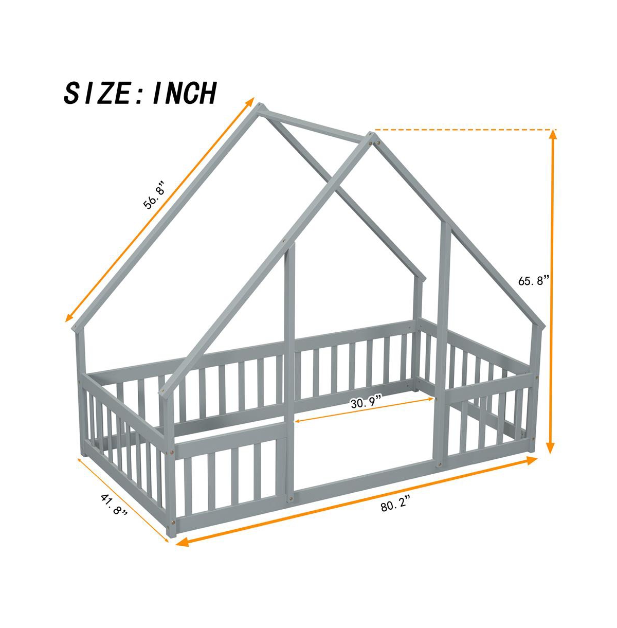 Cesicia Twin Wood House-Shaped Floor Bed with Safety Fence & Roof Frame Kids for Bedroom Playroom