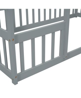 Twin Wood House-Shaped Floor Bed with Safety Fence & Roof Frame Kids Bed for Bedroom Playroom