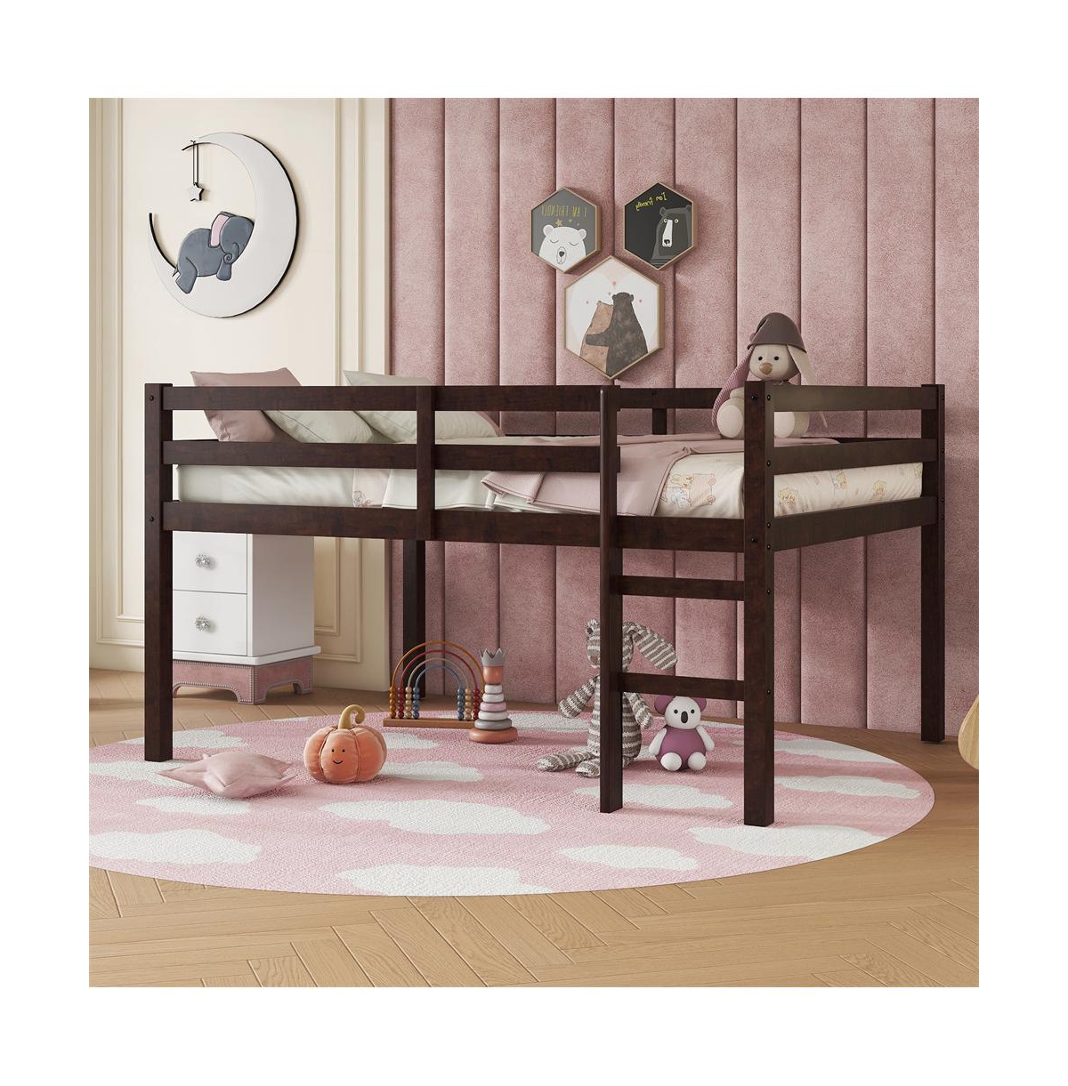 Cesicia Full Loft Bed with Ladder Rubber Wood Platform Underbed Storage and Guardrails