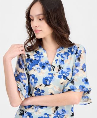 Petite Ruffle-Cuff Split-Neck Top