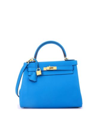 Pre-Owned HERMES Kelly 28 Handbag Blue Evercolor with Gold Hardware