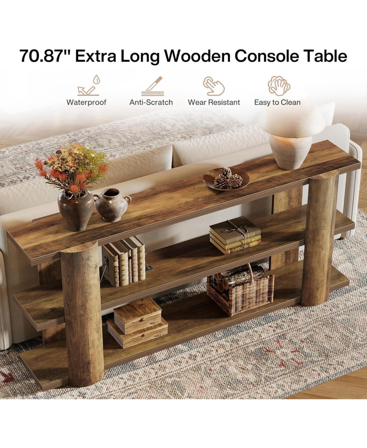 Tribesigns 70.87" Extra Long Console Table for Entryway, Narrow Wooden 3-Tier Sofa Table Behind Couch, Farmhouse Entryway Accent Table
