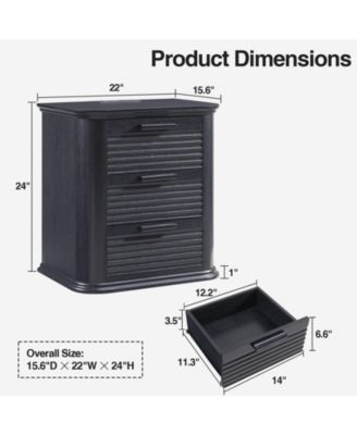 Wood 22 in. Fluted Nightstand with Charging Station and 3 Drawer Dresser, Modern End Table for Living Room, Bedroom, Home Office