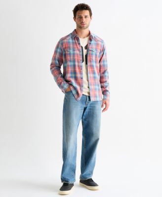 Men's Plaid Long-Sleeve Western Shirt and Long-Sleeve Football Crewneck T-Shirt paired with the 281 Baggy Clifford Jeans