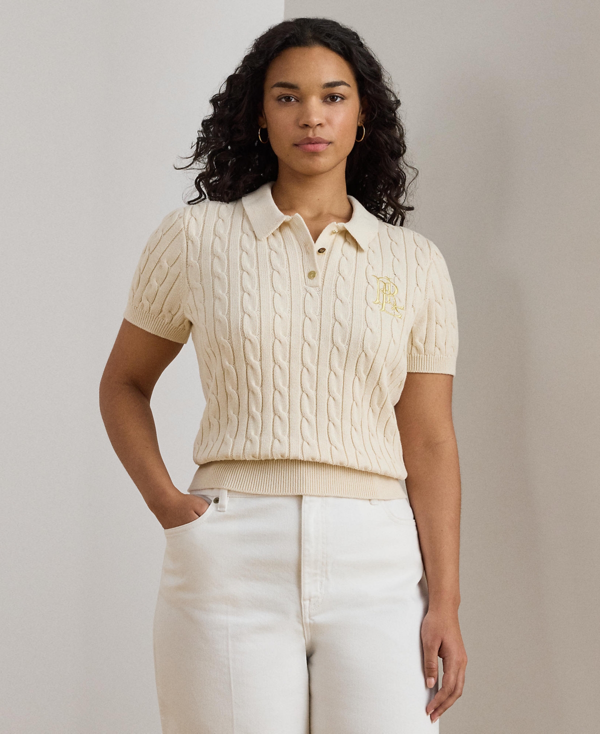 Lauren Ralph Plus Cable-Knit Polo Shirt