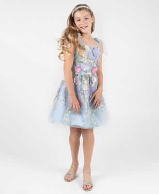 Girls' 7-16 3D Floral Embroidered Mesh Tie Strap Dress