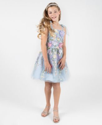 Rare Editions Girls' 7-16 3D Floral Embroidered Mesh Tie Strap Dress -  Macy's