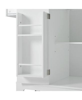 K K Fluted Kitchen Island with Trash Can Storage Power Outlet 3 Drawers Open Side Racks 5 Wheels White