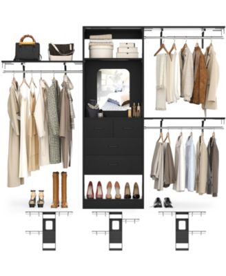 96'' Closet Organizer System with 4 Drawers & Mirror, Heavy Duty Closet System with 3 Shelving Towers & Hanging Rods