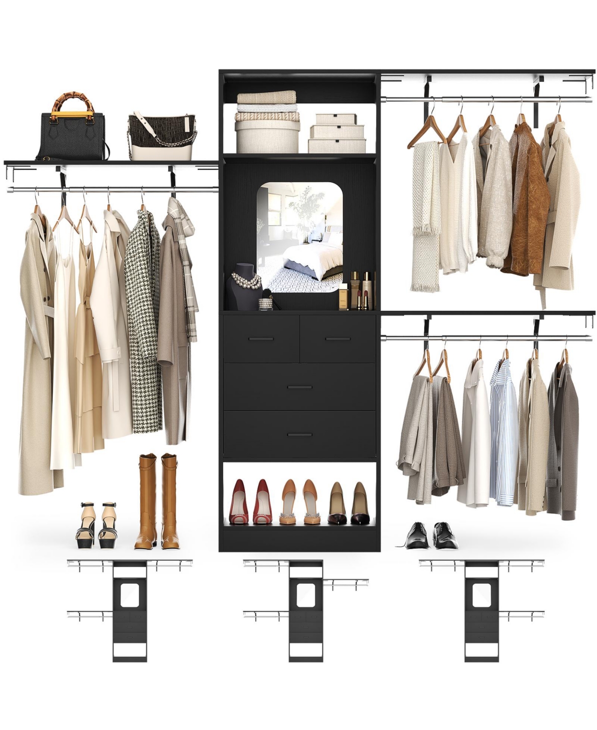Aheaplus 96'' Closet Organizer System with 4 Drawers & Mirror, Heavy Duty Closet System with 3 Shelving Towers & Hanging Rods