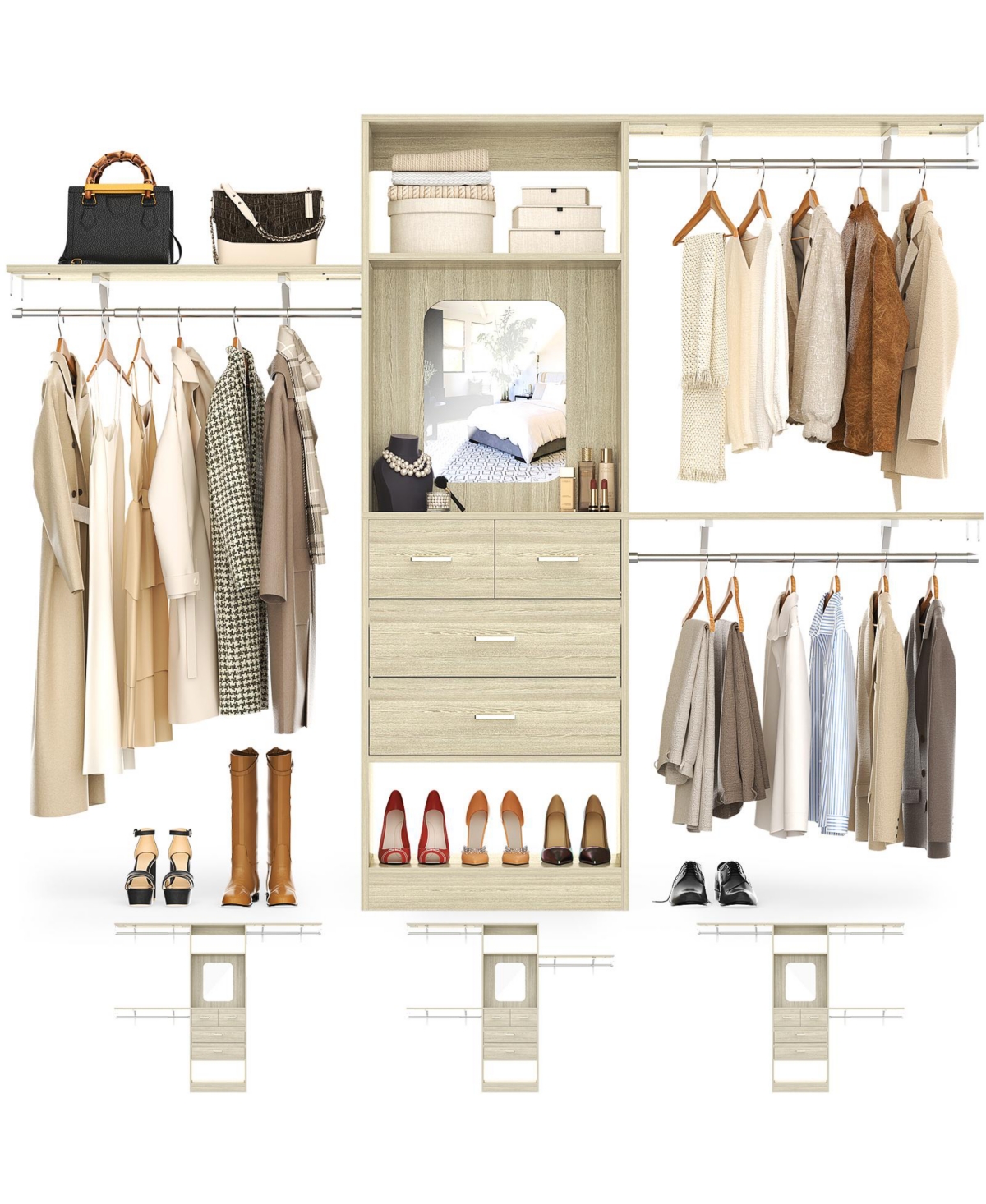 Aheaplus 96'' Closet Organizer System with 4 Drawers & Mirror, Heavy Duty 3 Shelving Towers Hanging Rods