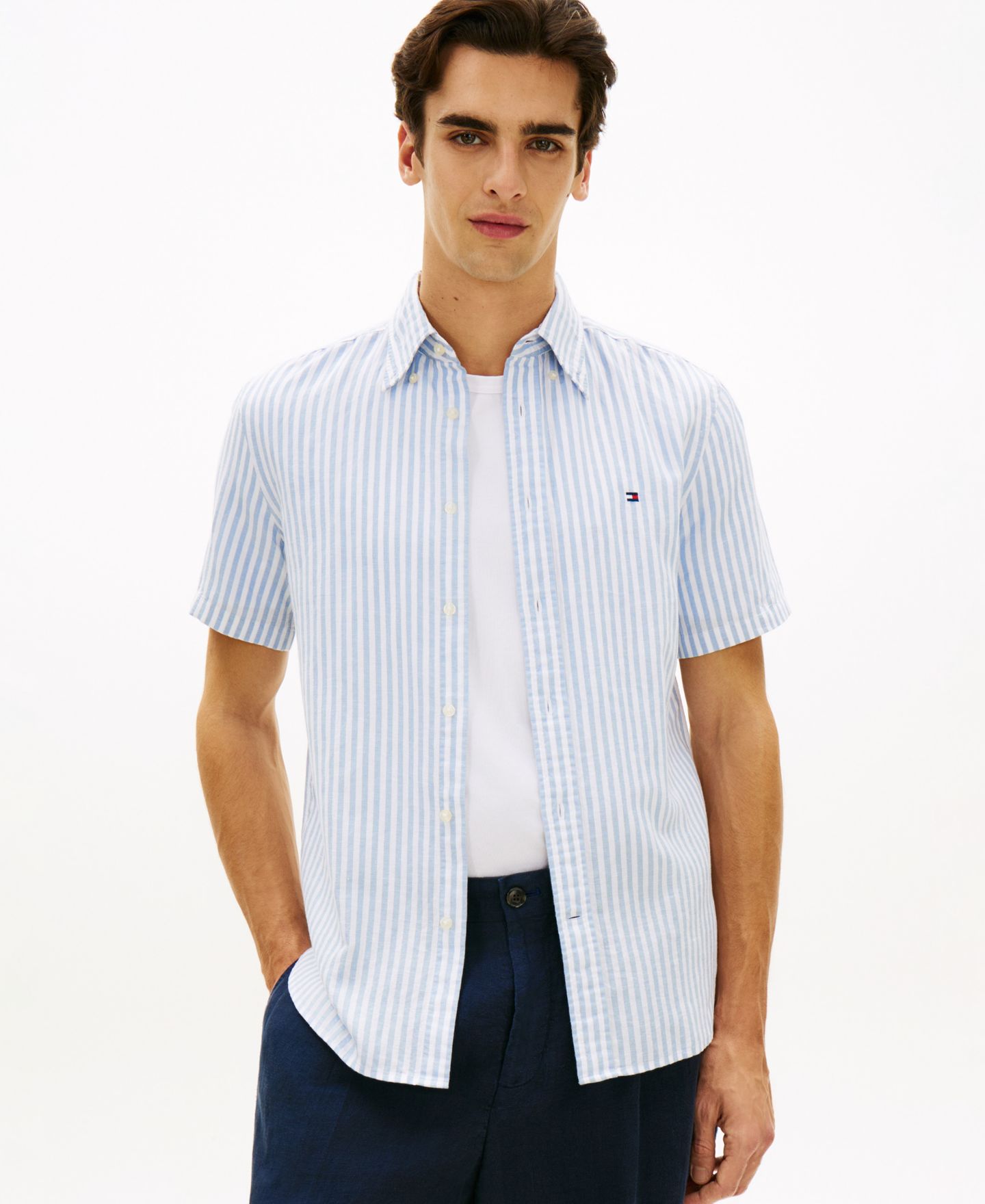 Мужская рубашка Tommy Hilfiger Regular Linen-Blend Bengal Stripe, цвет: Синий — фото 1