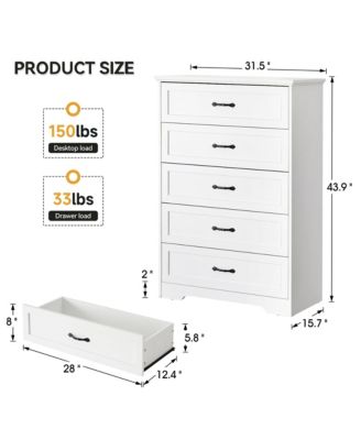 5 Drawer White Modern Dresser, Chest of Drawers Organizers, Closet Storage Cabinet for Bedroom