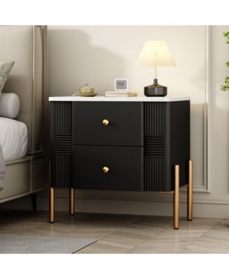 Modern MDF Nightstand with 2 Storage Drawer, Fluted Bedside Table with Metal Handles and Legs for Living Room and Bedroom, Easy Assembly