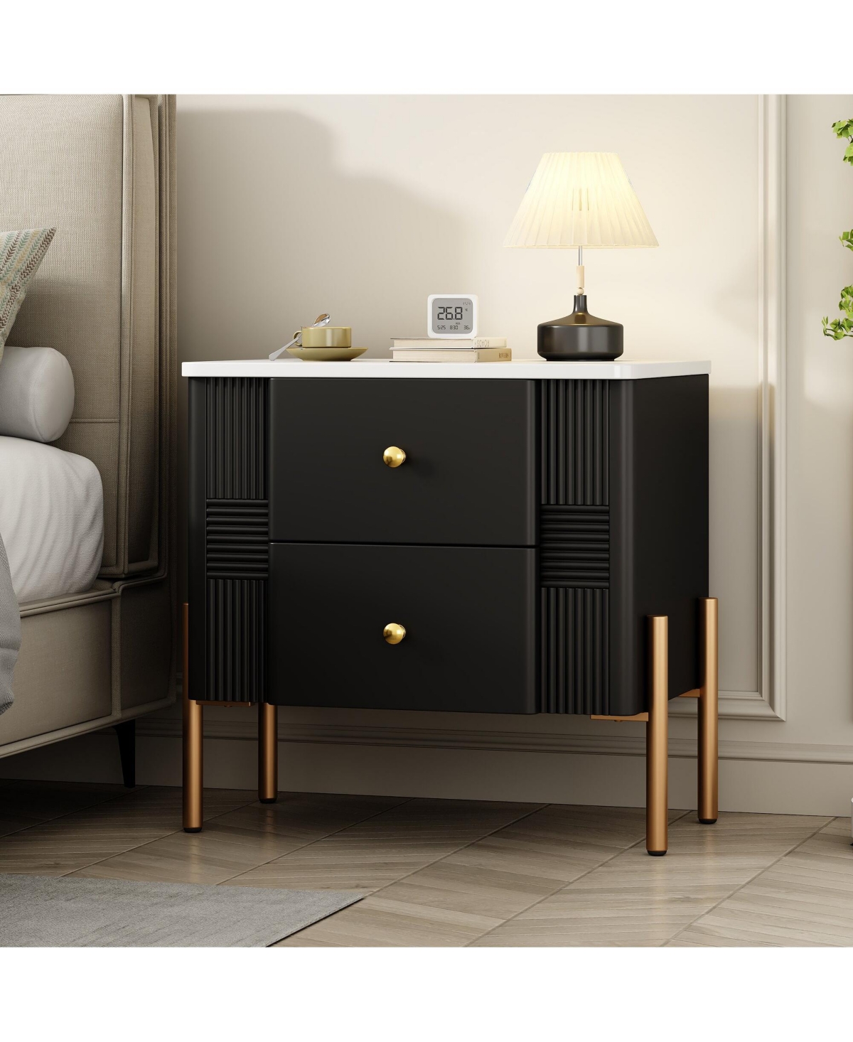 Cesicia Modern Mdf Nightstand with 2 Storage Drawer, Fluted Bedside Table Metal Handles and Legs for Living Room Bedroom, Easy Assembly