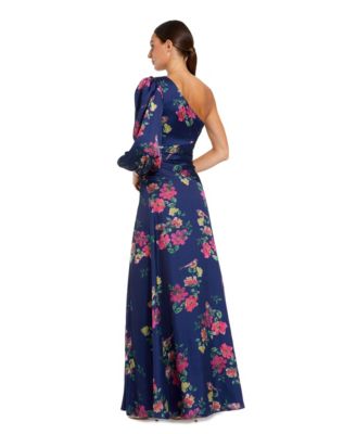 Women's Floral One-Sleeve Charmeuse Gown with Slit