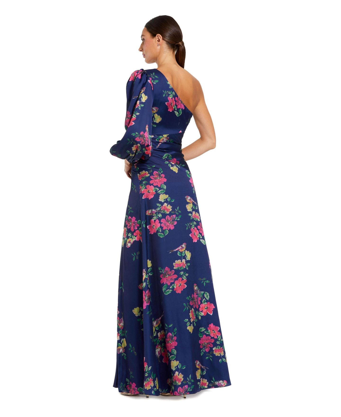 Женские платья Mac Duggal Ieena Plum Floral Print One Sleeve Gown, цвет: Тёмно-синий с принтом — фото 2