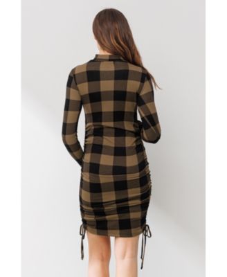 Maternity Bodycon Plaid Side Ruched Long Sleeve Dress