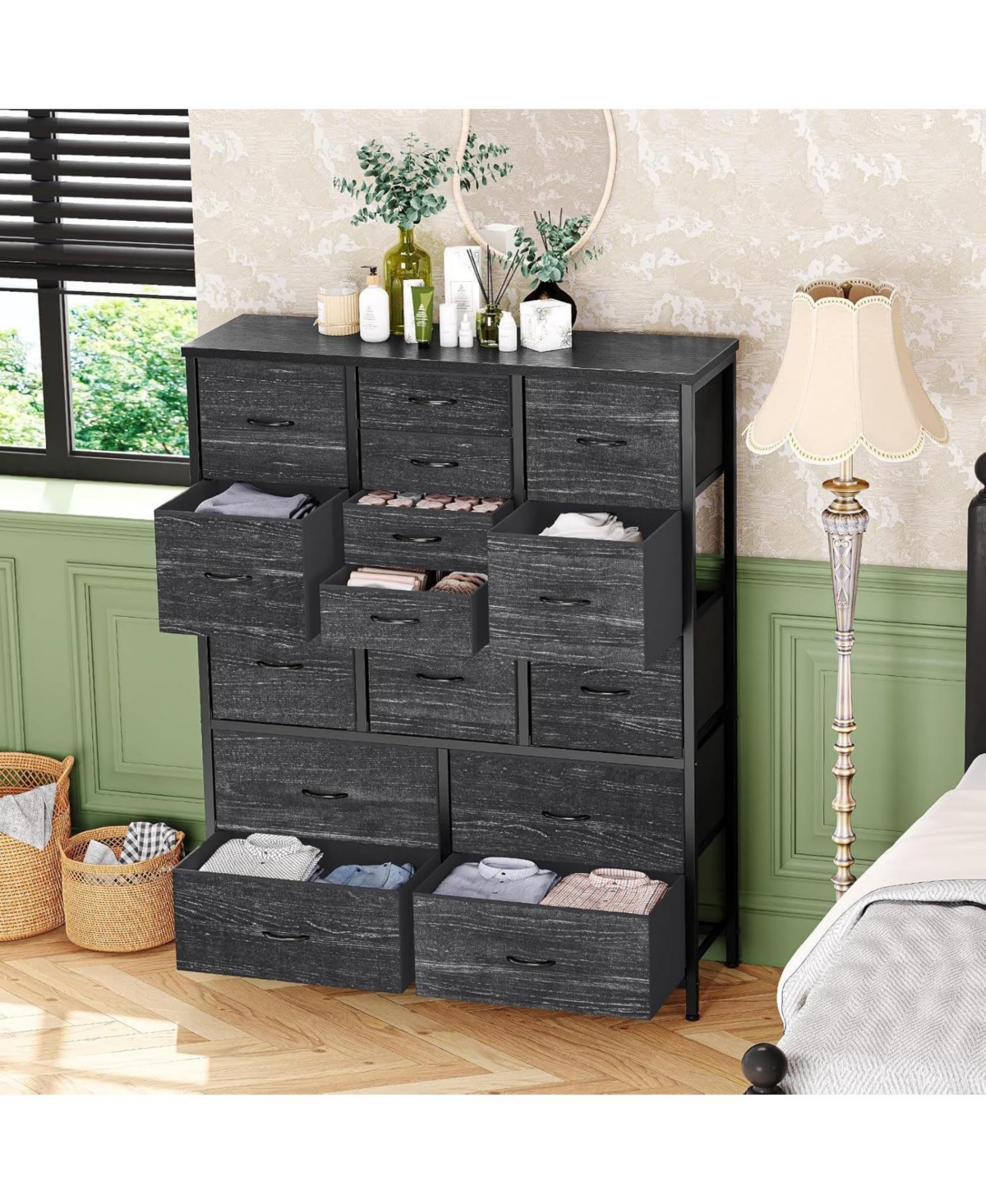 gaomon 48" Fabric Storage Chest, Steel Frame, Wood Top, Closet 15-Drawer Modern Tall Dresser