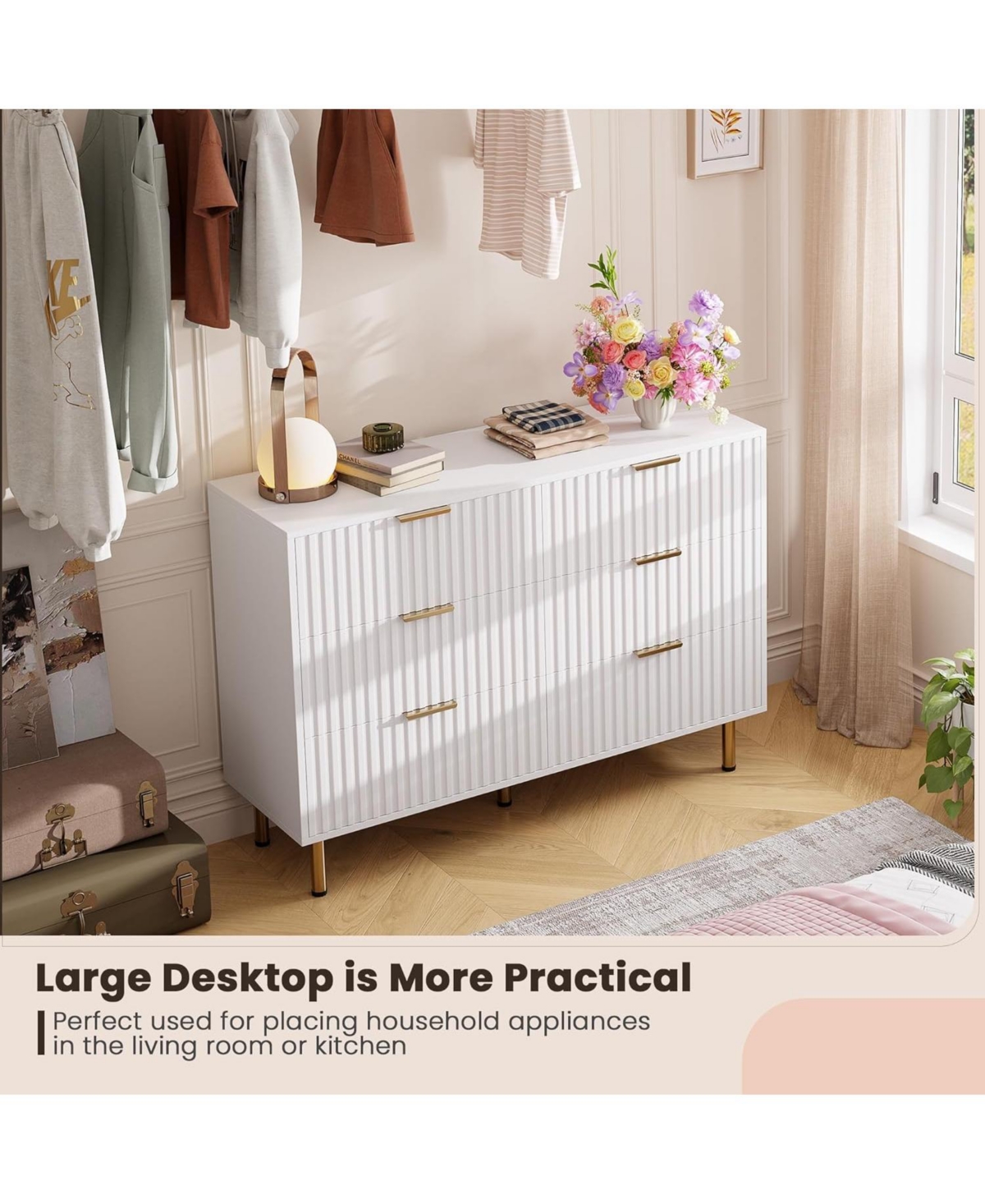 gaomon 6-Drawer Modern Fluted White Dresser, 47.2 Inch Wide Chest, Deep Drawers, Tv Stand, Organizer for Bedroom, Living Room, Kids Room