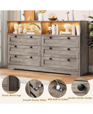 6-Drawer Modern Dresser with Power Outlet & LED Light, Large Capacity Wood Storage Chest TV Stand for Bedroom, Living Room