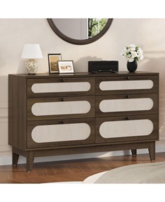 52.1 Inch 6 Drawer Rattan Wood Dresser with Charging Station, Different Capacity Drawers, Bedroom, Dark Brown