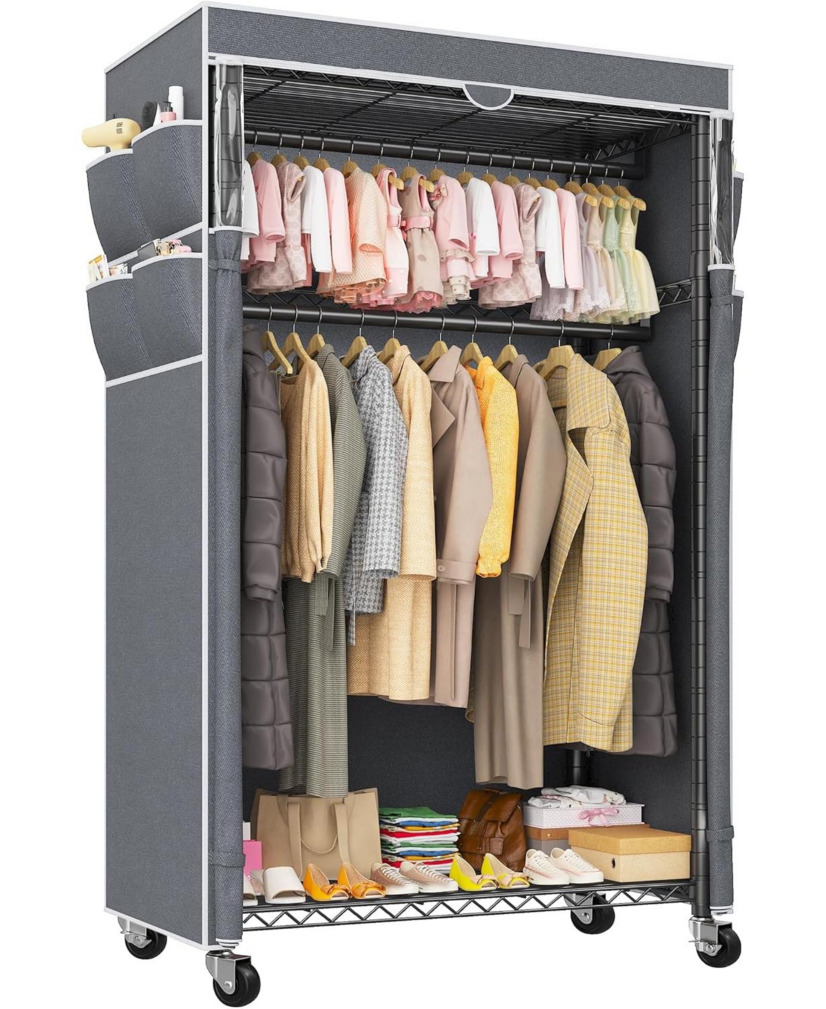 Raybee Rolling Clothes Rack with Cover Clothing Racks for Hanging Clothes Heavy Duty Portable Closet with Wheels Garment Rack