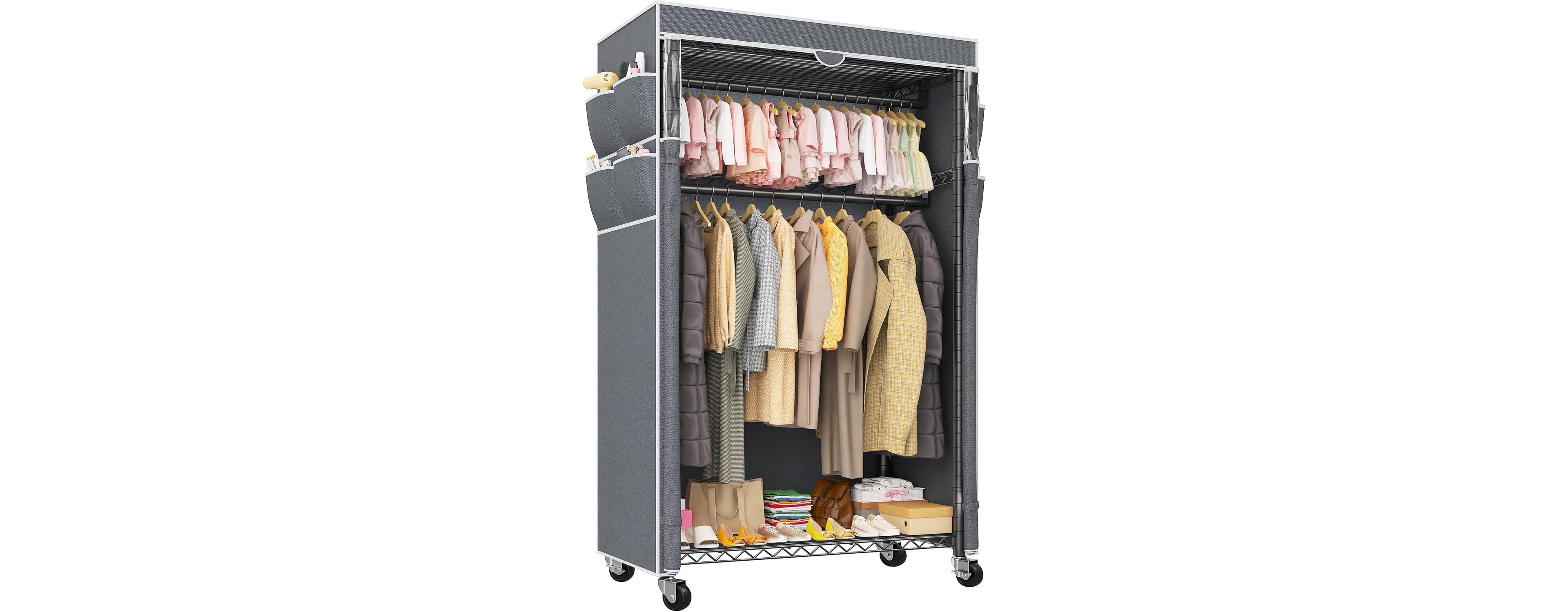 Raybee Rolling Clothes Rack with Cover Clothing Racks for Hanging Clothes Heavy Duty Portable Closet with Wheels Garment Rack