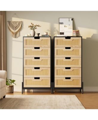 Fluted 6 Drawer Dresser for Bedroom - Natural Rattan Dresser TV Stand