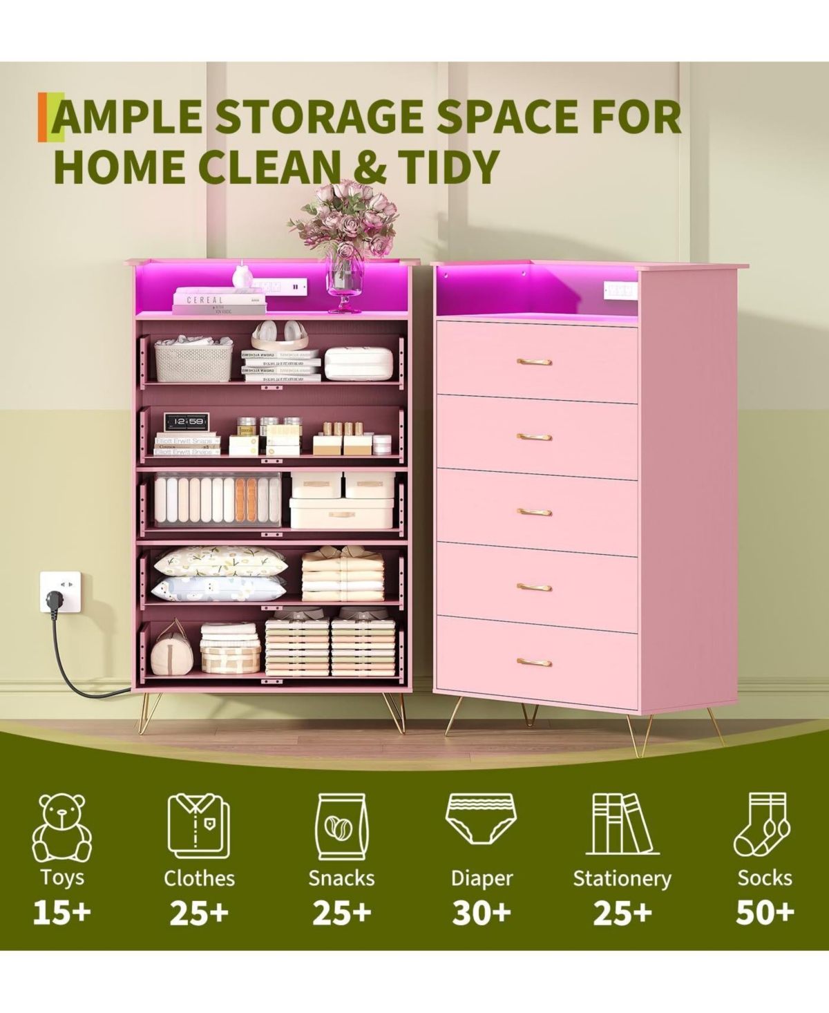 5 Drawer Wooden Dressers for Bedroom with Led Lights & Charging Station