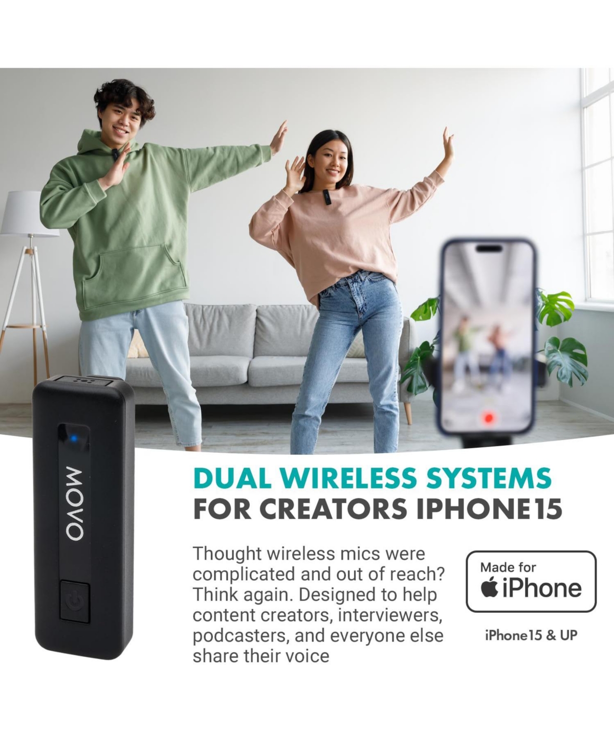 Movo Wireless Mini Usb-c Duo Wireless Microphone for iPhone 15 and up