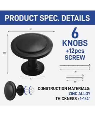 6pcs 1-1/4" Kitchen Cabinet Knobs, Rust-Proof Matte Black Finish, Modern Design, Strong Zinc Alloy, Easy Installation