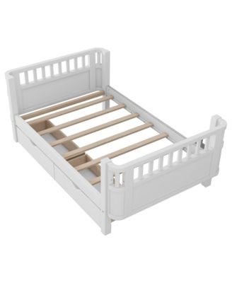 Twin Size Wood Platform Bed for Kids with Low Profile, Safety Rails & 2 Wheeled Storage Drawers