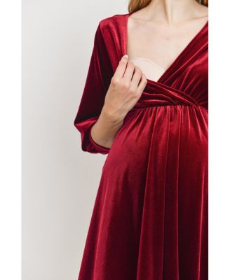 Maternity Velvet V Neck Wrap Nursing Dress